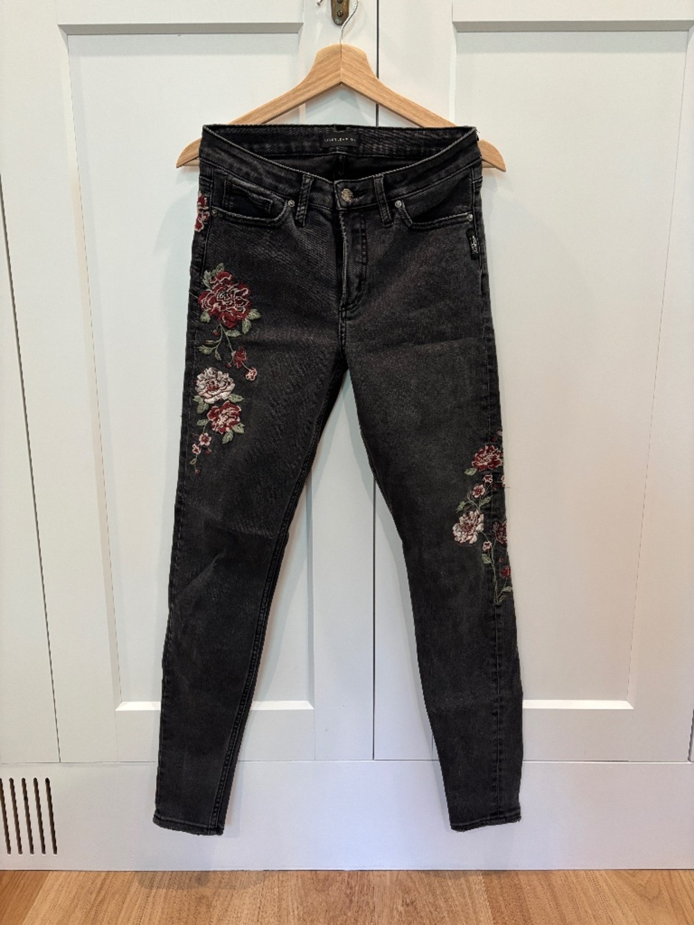 Silver Washed Black Embroidered Skinny Jeans